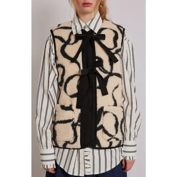 DAMSON MADDER X FREE PEOPLE BLACK IVORY BOWS MARTA BORG GILET VEST JACKET SZ 8 - Picture 7 of 11